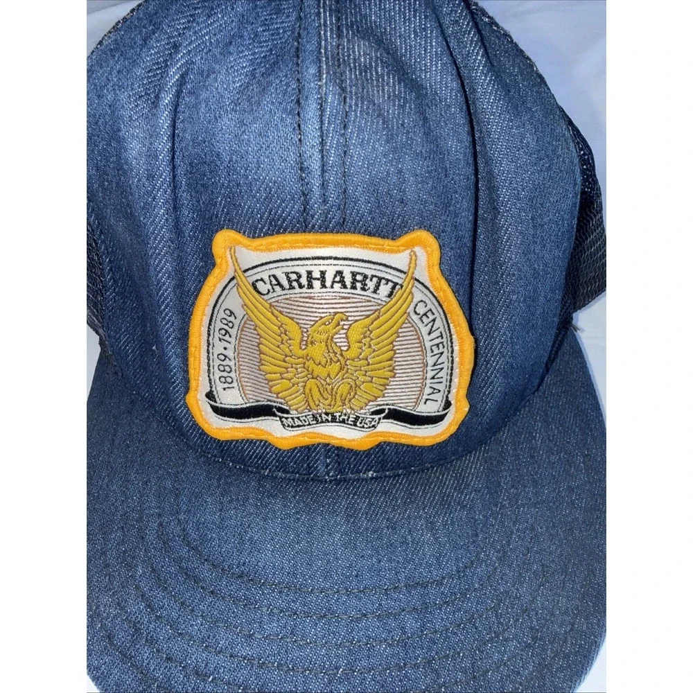 Vintage Carhartt Hat Blue Denim Centennial Patch SnapBack Cap USA 1989